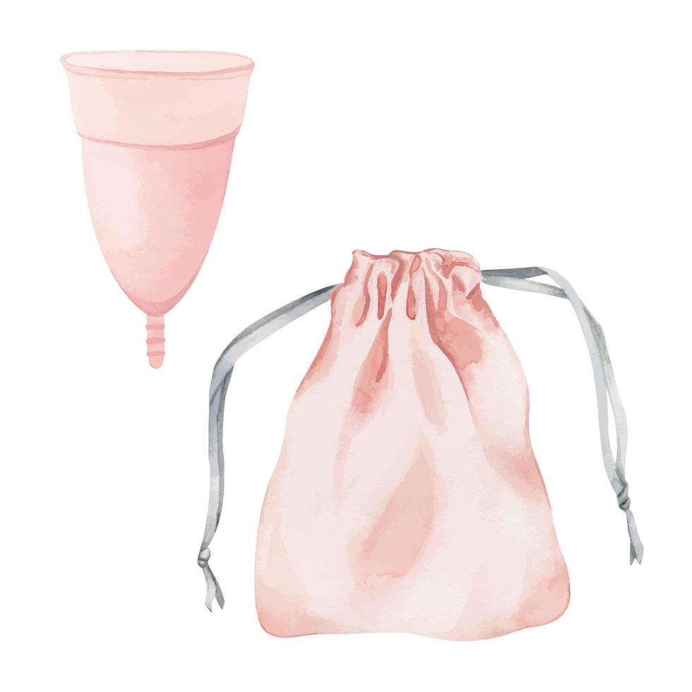 Watercolor pink menstrual cup and textile pouch. Zero waste care. Women stuff for period, menstruation female hygiene product. Hand-drawn illustration isolated on the white background. vector