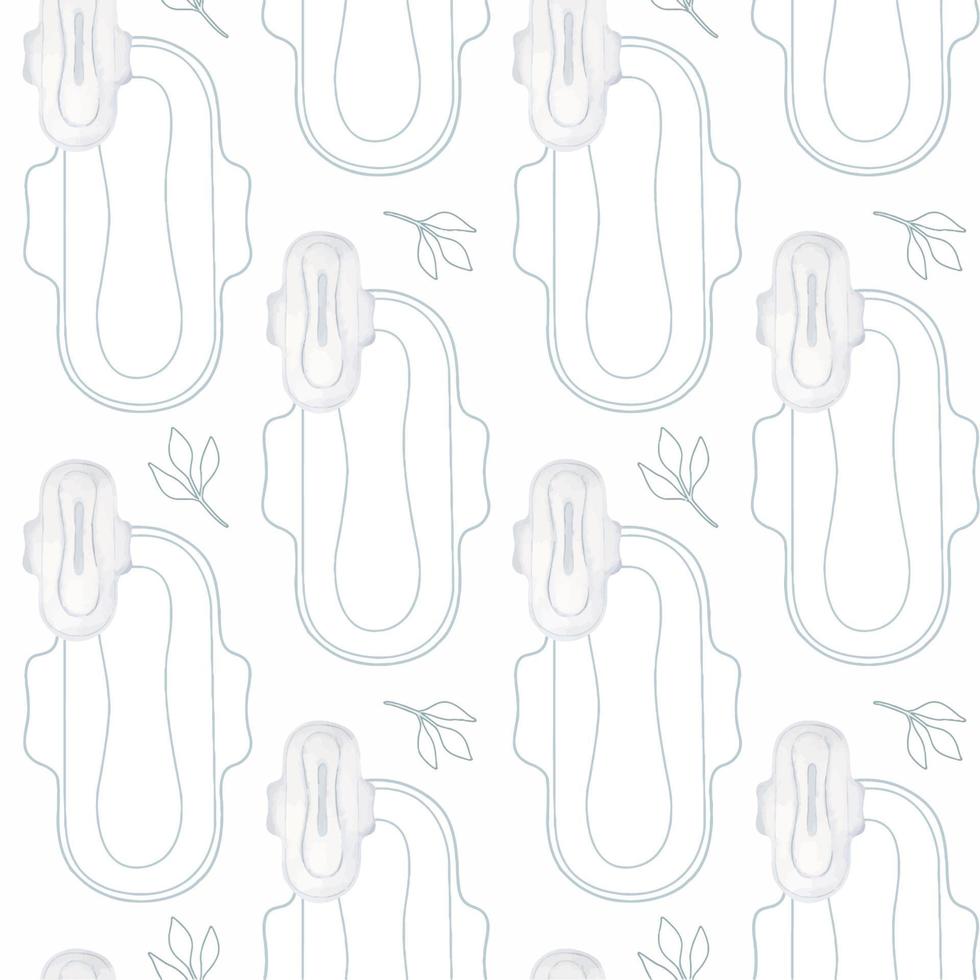 Seamless pattern of menstrual pads on a white background. Packaging for female intimate hygiene products. Personal hygiene product for women. Watercolor illustration. vector
