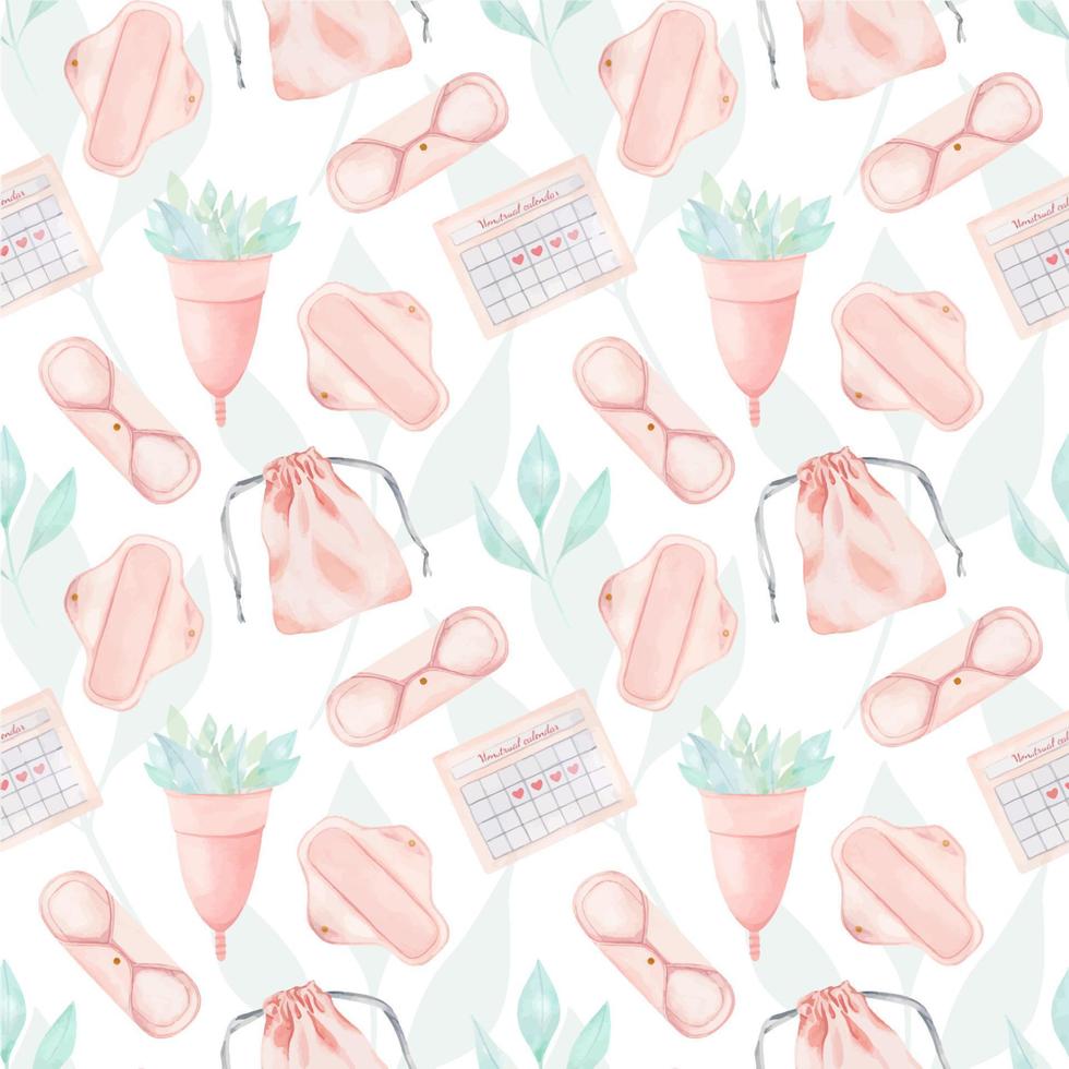 Seamless pattern of reusable sanitary pads, calendars and menstrual cups. Packaging for female intimate hygiene products. Zero waste care. Watercolor illustration. vector