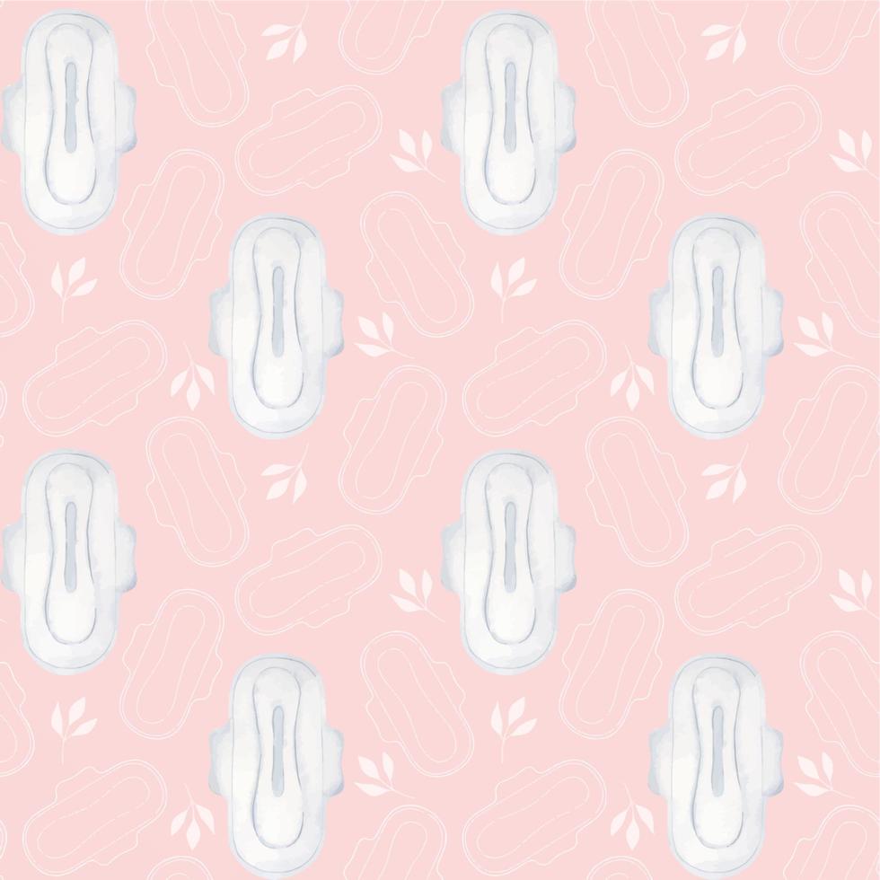 Seamless pattern of menstrual pads on a pink background. Packaging for female intimate hygiene products. Personal hygiene product for women. Watercolor illustration. vector