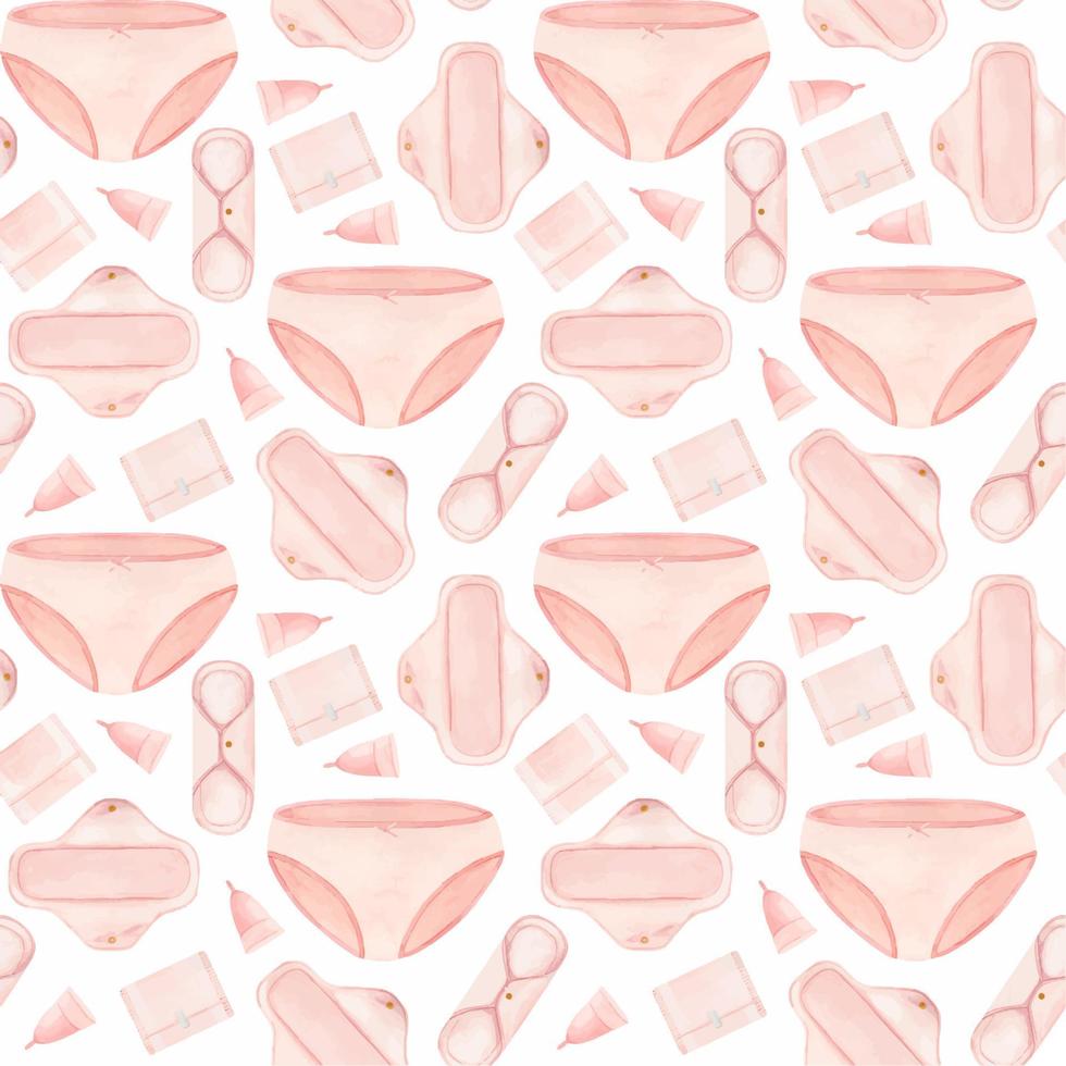Seamless pattern of pink reusable sanitary pads, lingerie and menstrual cups. Packaging for female intimate hygiene products. Watercolor illustration. vector