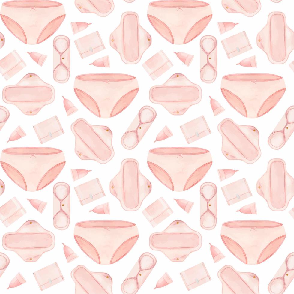 sin costura modelo de rosado reutilizable sanitario almohadillas, lencería y menstrual tazas. embalaje para hembra íntimo higiene productos acuarela ilustración. vector