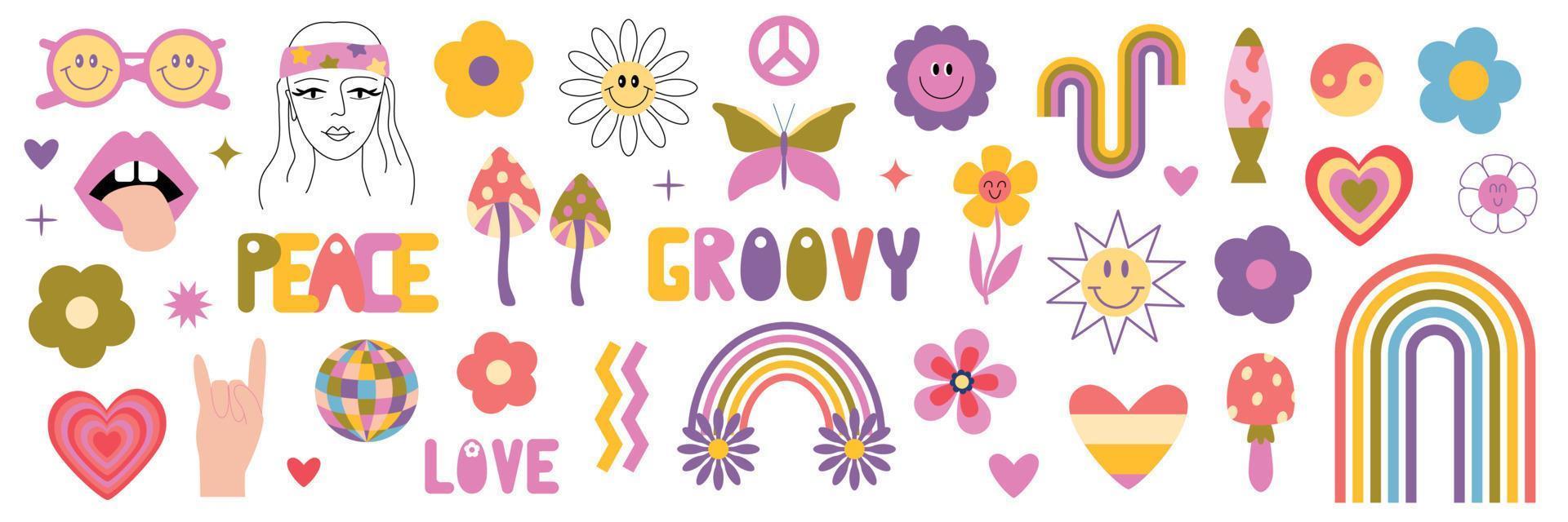 Retro 70s Groovy Hippie set. Y2k. Retro vibes. Groovy daisy flowers, rainbows, mushrooms, sign peace, hearts, lava lamp, smiling flowers, flower child, cute cartoon flowers. vector
