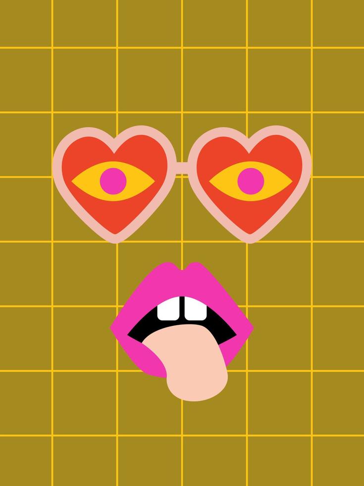70s retro revival hippie concept. Groovy sunglasses with eyes and lips on grid background. Print, wall art, poster, flyer, card design vector