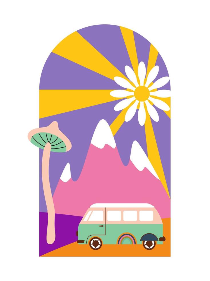 70s retro groovy sunny landscape. Positive psychedelic vibes. Sun, mountains, bus, mushhroom, flower. Poster, banner, flyer, T-shirt design vector