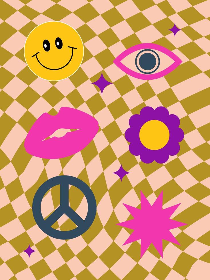 Retro hippie stickers on checkered board. Sign peace, lips, flower, star, eye. Psychedelic acid groovy concept. Poster, flyer, banner, card, wall art design. Retro vibes vector