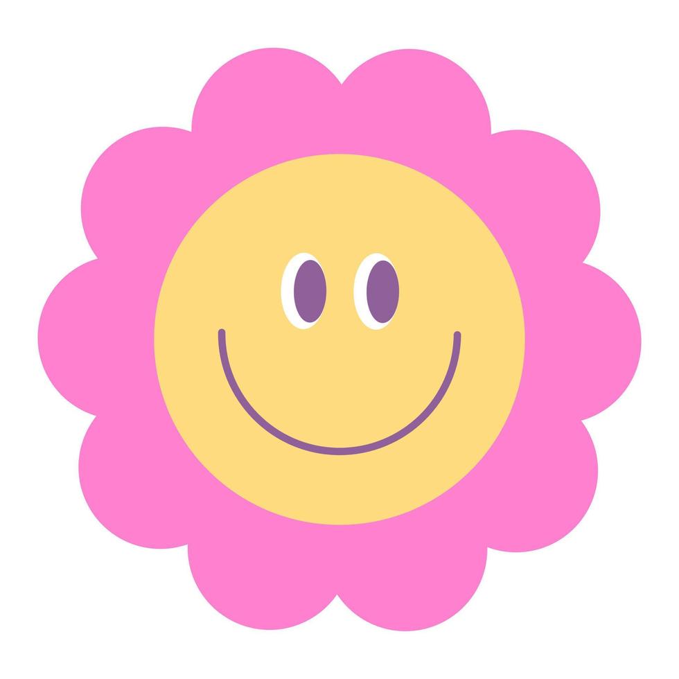 Cute 70s retro groovy flower. Smiling daisy isolated on white background. Hippie psychedelic vibes vector