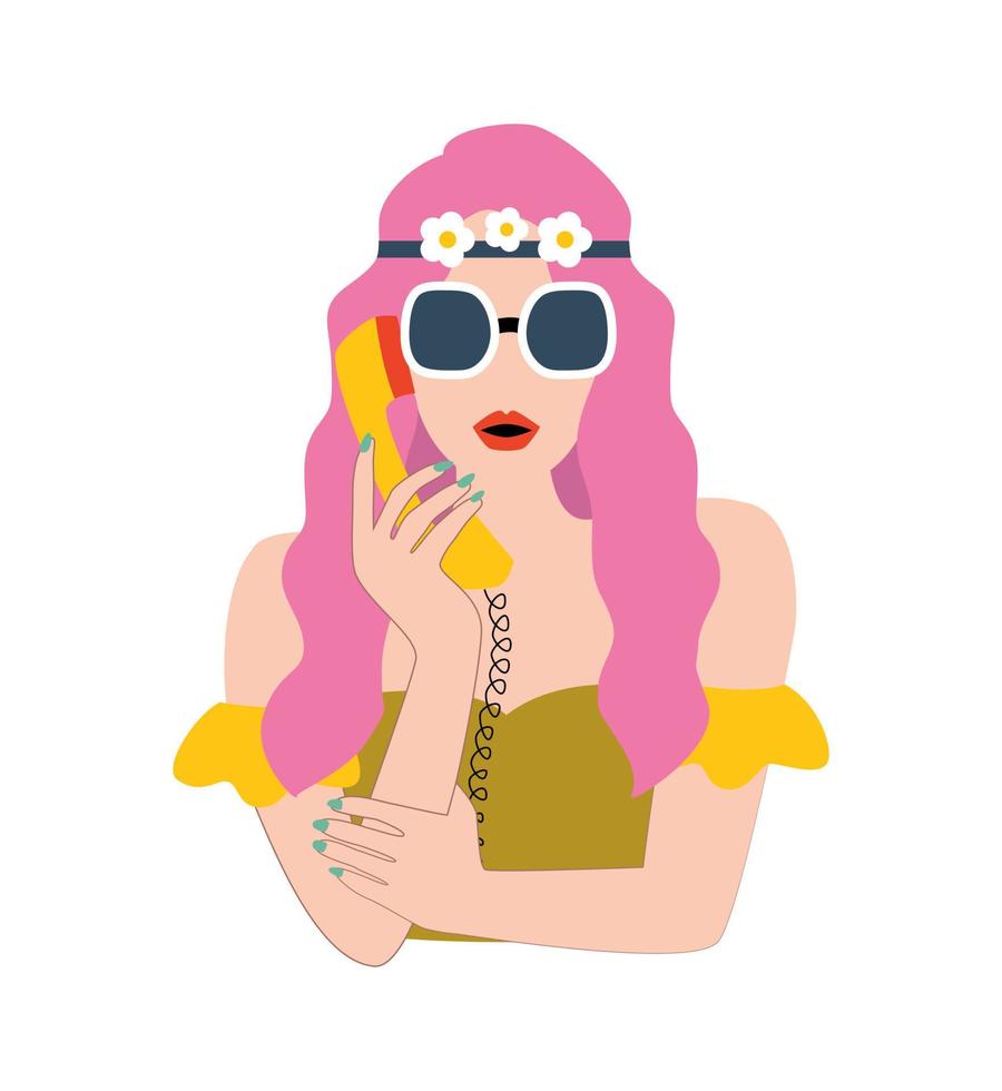 Hippie beautiful girl in retro sunglasses with hair band and phone in her hands. 70s retro groovy concept. Woman portrait. print for t-shirt, card, poster, flyer. Retro vibes vector