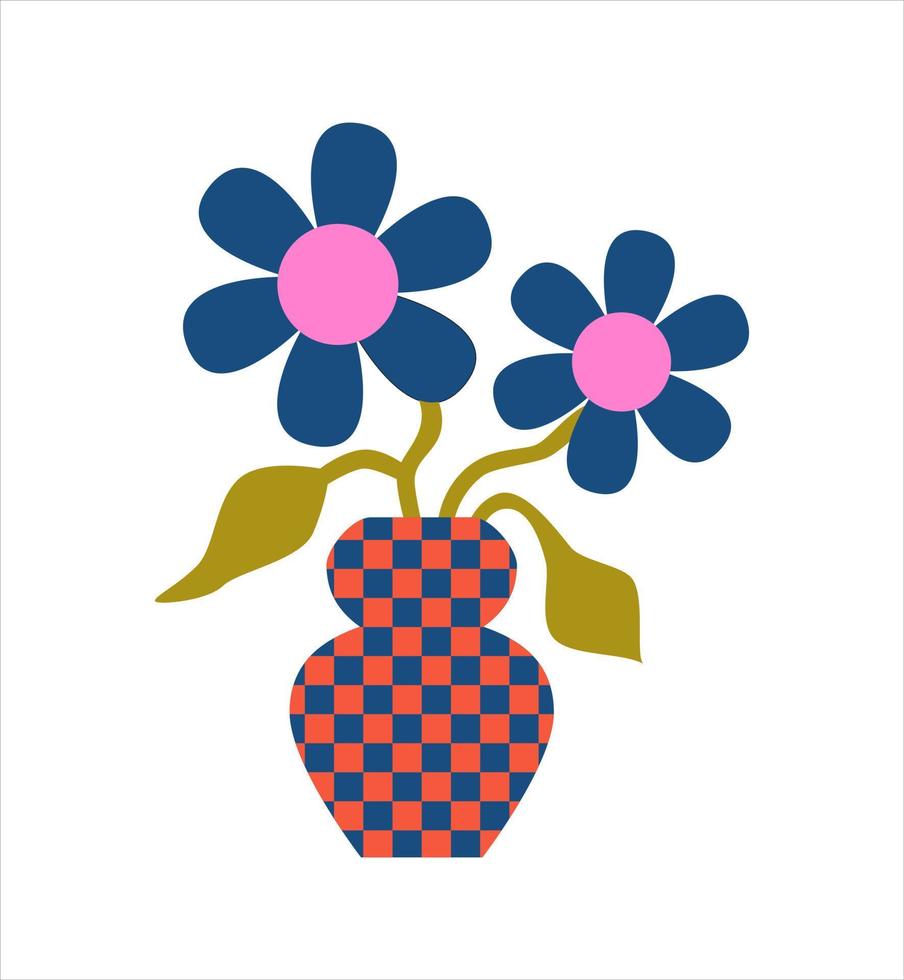 70s retro groovy cartoon naive flowers in checkered vase. Hippie psychedelic concept. Print, sticker design. Positive nostalgic vibes. vector