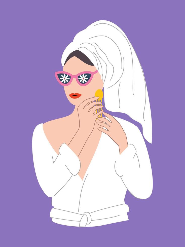 Young fashionable girl in a bathrobe and a towel on her head. Retro inspired modern fashion concept. Woman portrait. Lady in sunglasses. vector