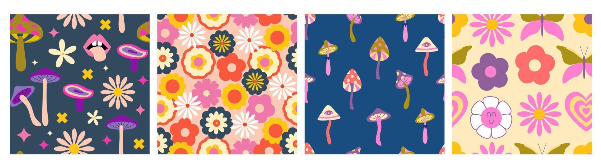 Set of retro groovy hippie seamless patterns, Y2k, 1970 good vibes, trippy. Mushrooms and groovy flowers. Vector illustration.