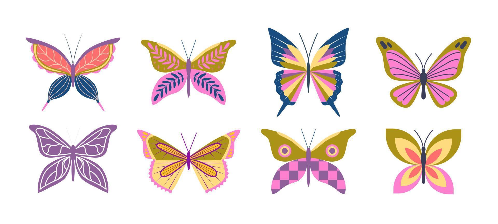 Set of retro groovy butterflies. 70s Hippie psychedelic concept. Stickers, prints, T-shirt design. vector