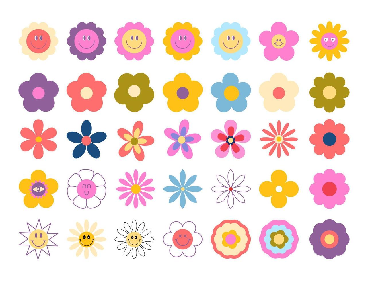 Set of cute 70s retro groovy flowers. Smiling daisies clipart. Isolated on white background. Hippie psychedelic vibes vector