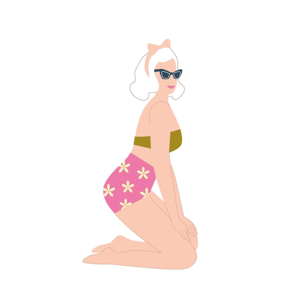 hermosa posando fijar rubia niña en trajes de baño y Gafas de sol. retro Clásico concepto. genial para huellas dactilares en camiseta, tarjetas, carteles, textil vector