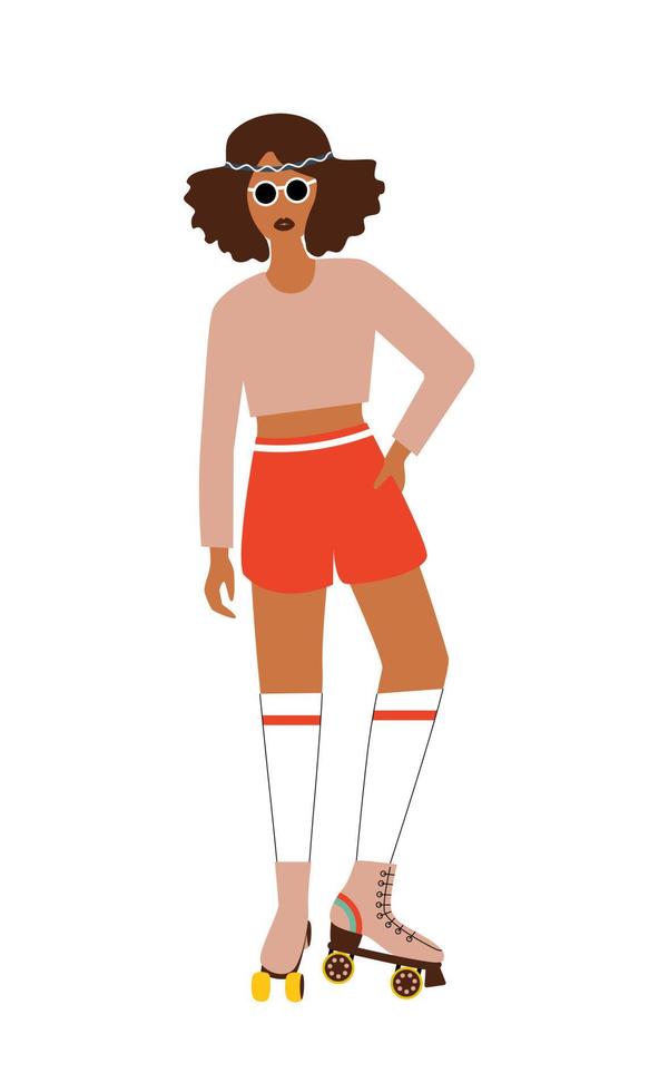 Beautiful sporty girl in retro clothing and roller skates. 70s retro groovy hippie concept. Woman power. Flower child. Retro vibes. vector
