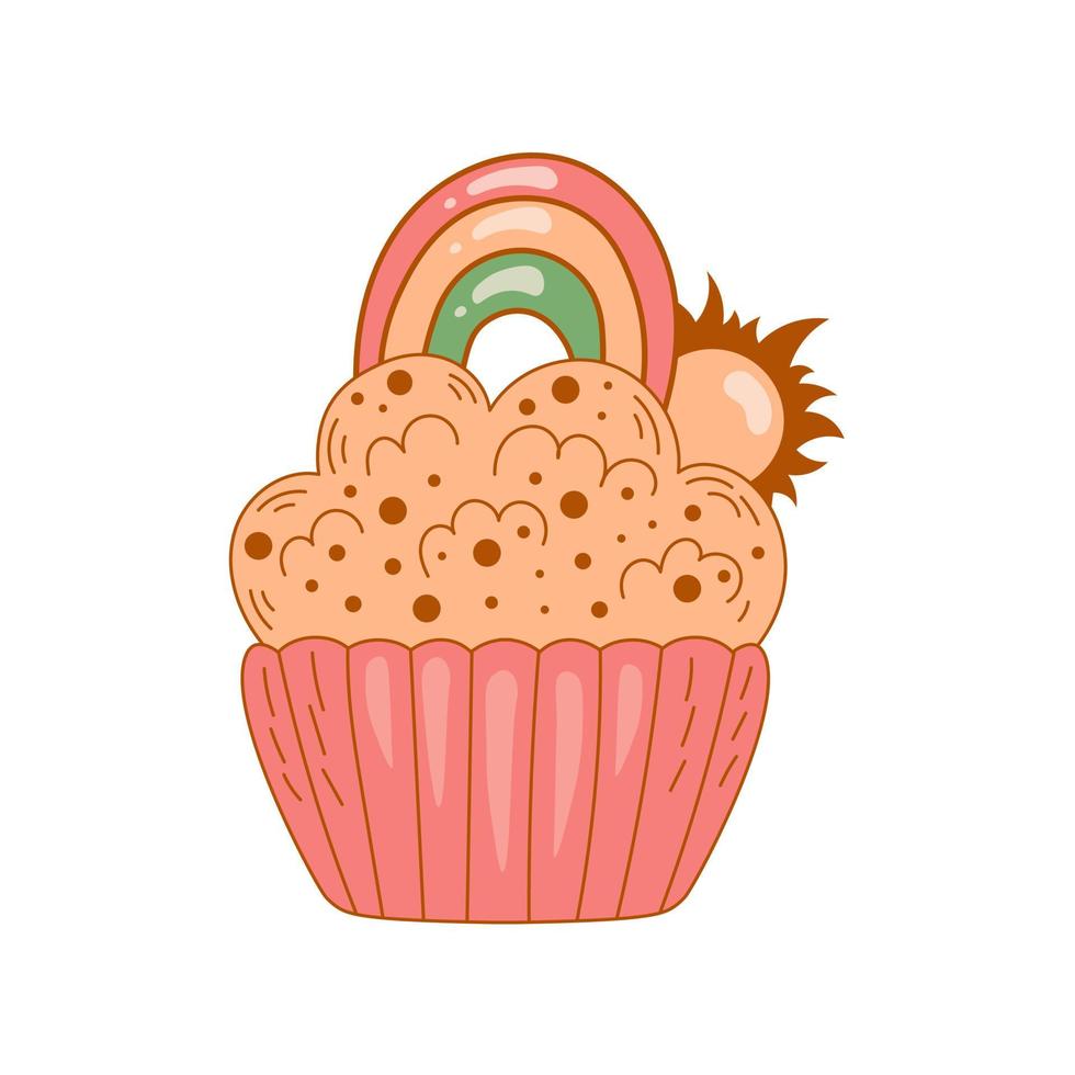 Funny cupcake with rainbow and sun vector