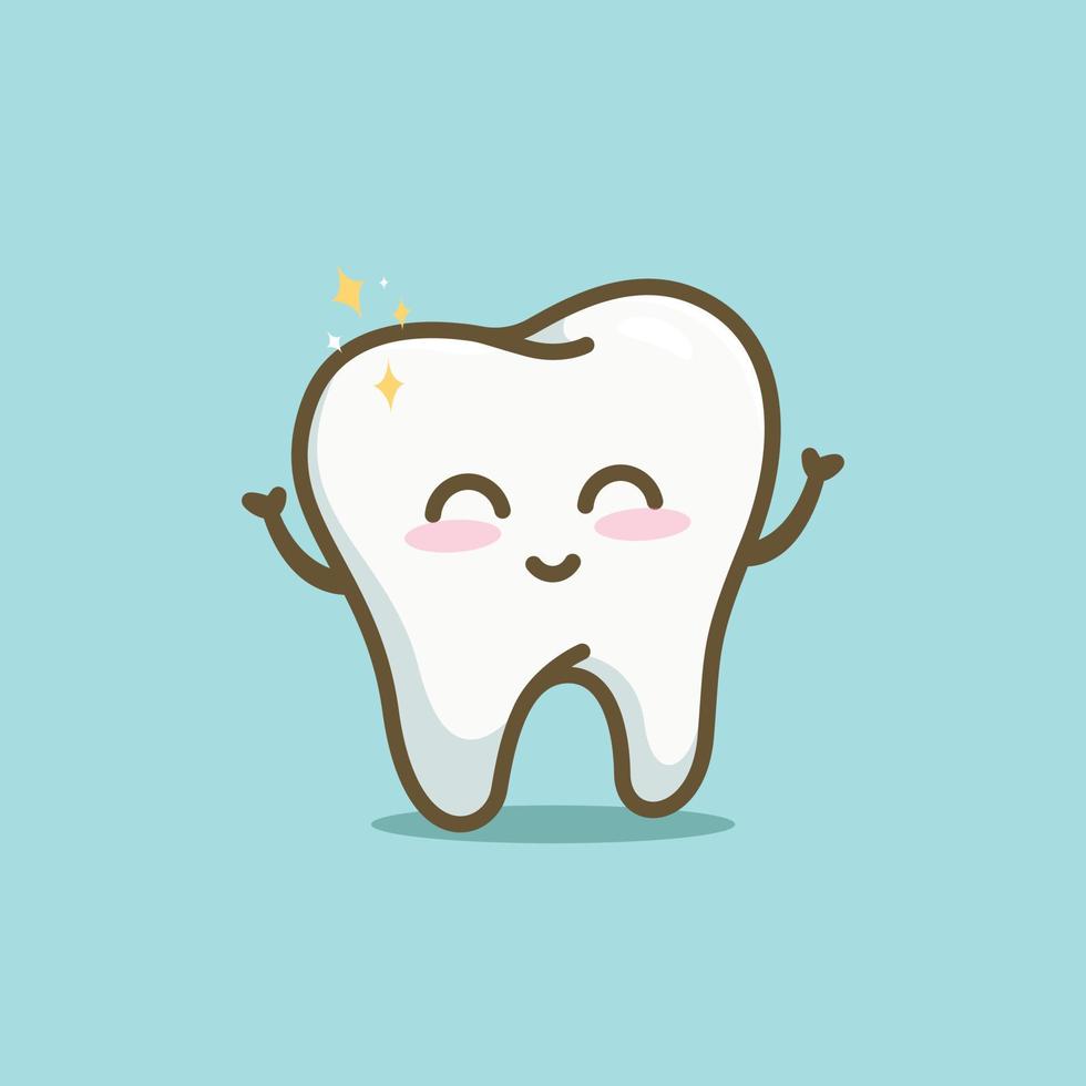 Cute cartoon smilling shiny teeth with star blink character vector illustration health dentist icon