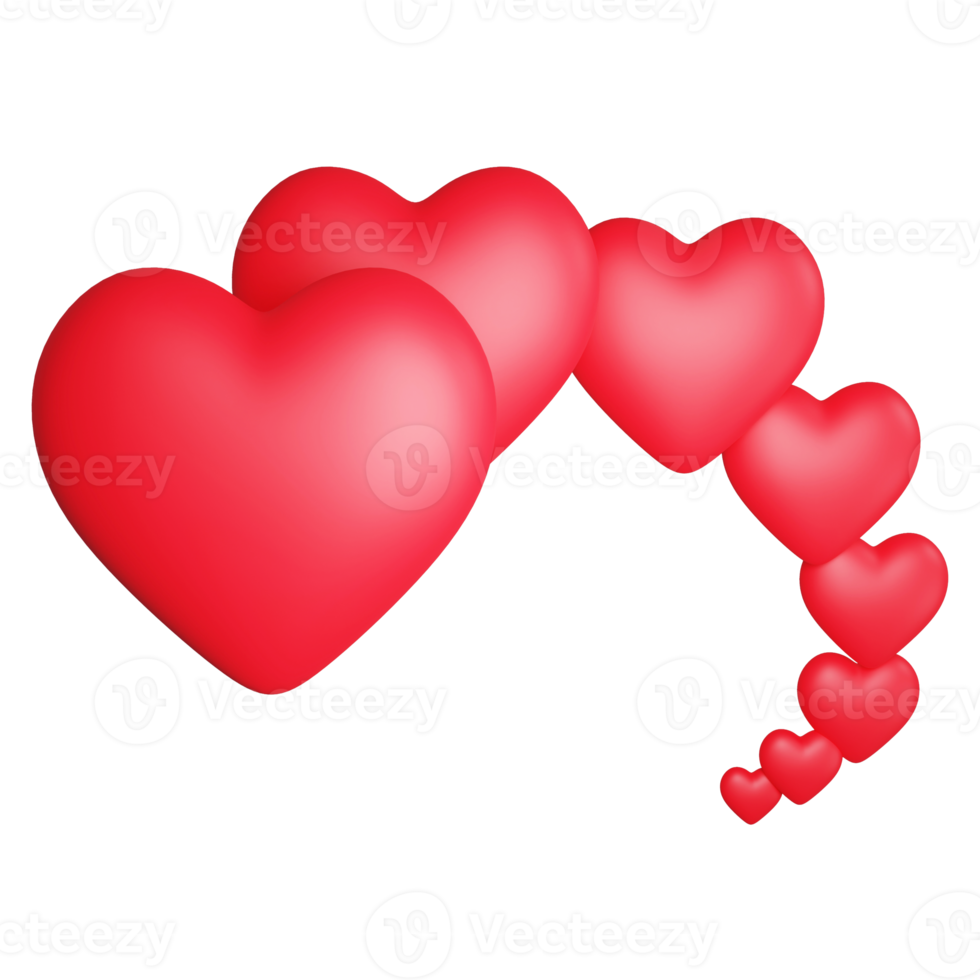 3D render row of hearts icon isolated on transparent background png