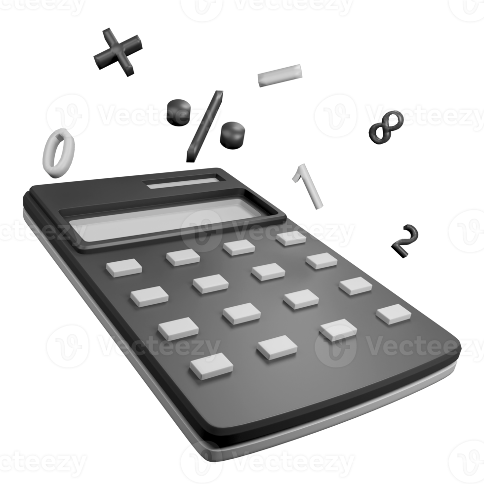 3D render black calculator icon isolated on transparent background png