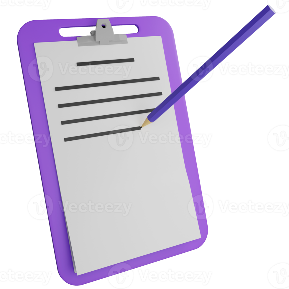 3D render paper on clipboard and pencil icon isolated on transparent background png