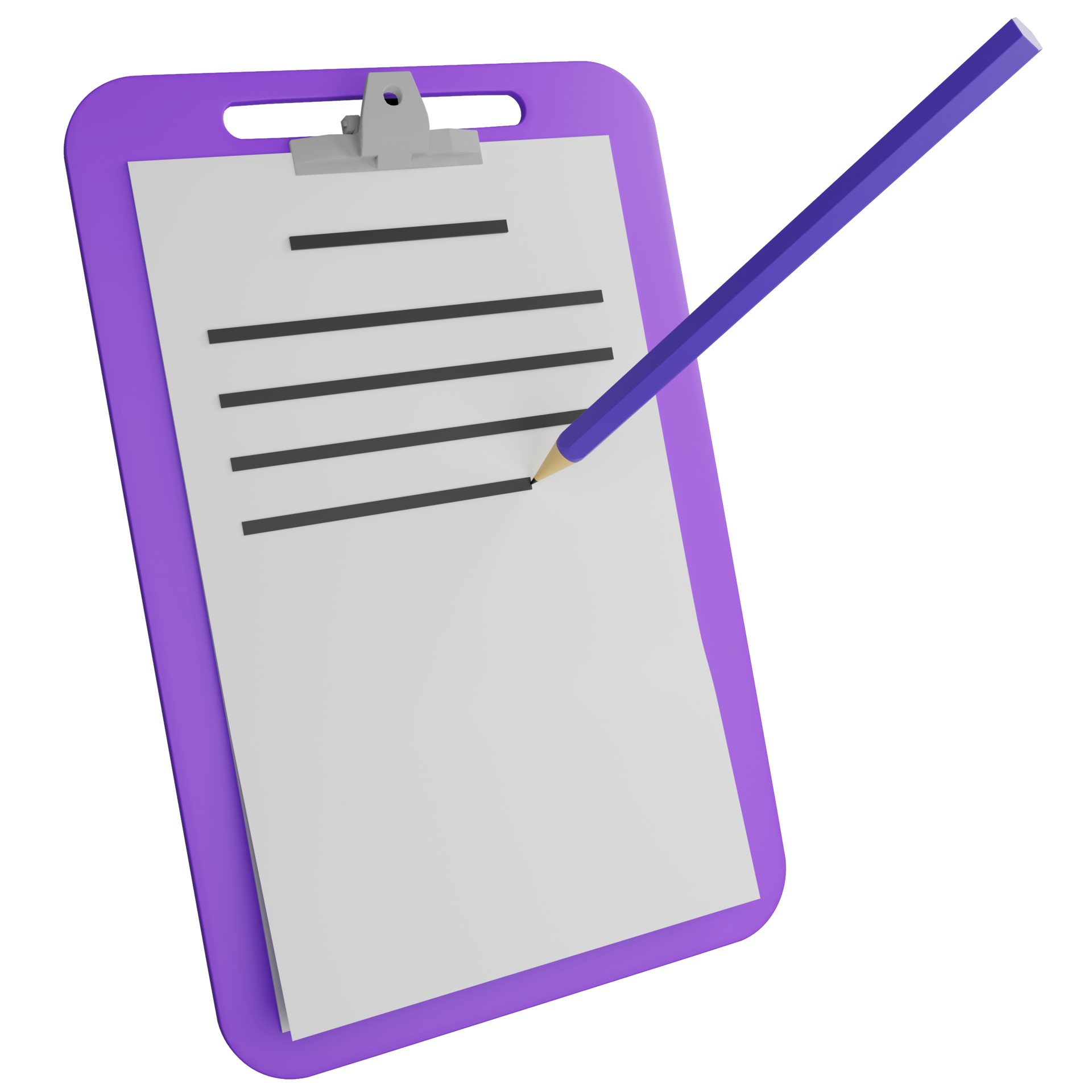 3D render paper on clipboard and pencil icon isolated on transparent