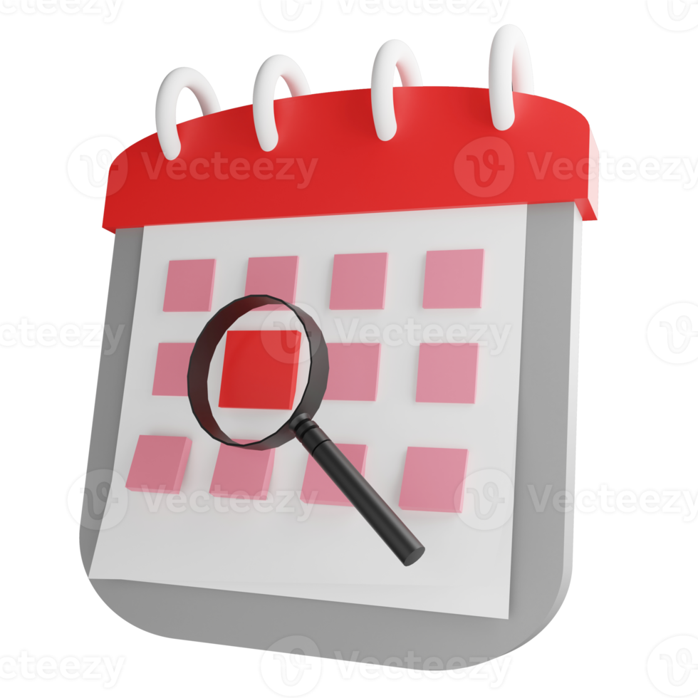 3D render focus calendar icon isolated on transparent background , magnifying glass focus to important thing concept icon png