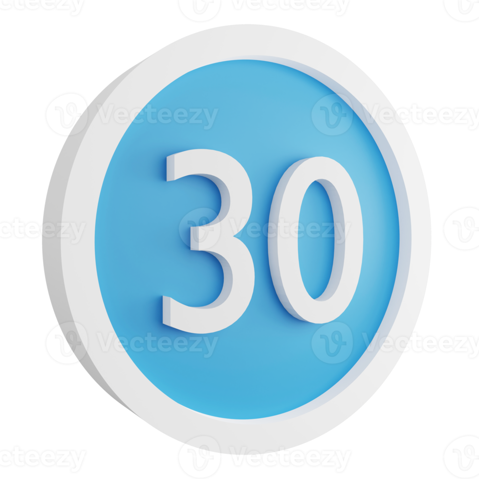 3D render 30 minimum speed limit sign icon isolated on transparent background, blue informative sign png