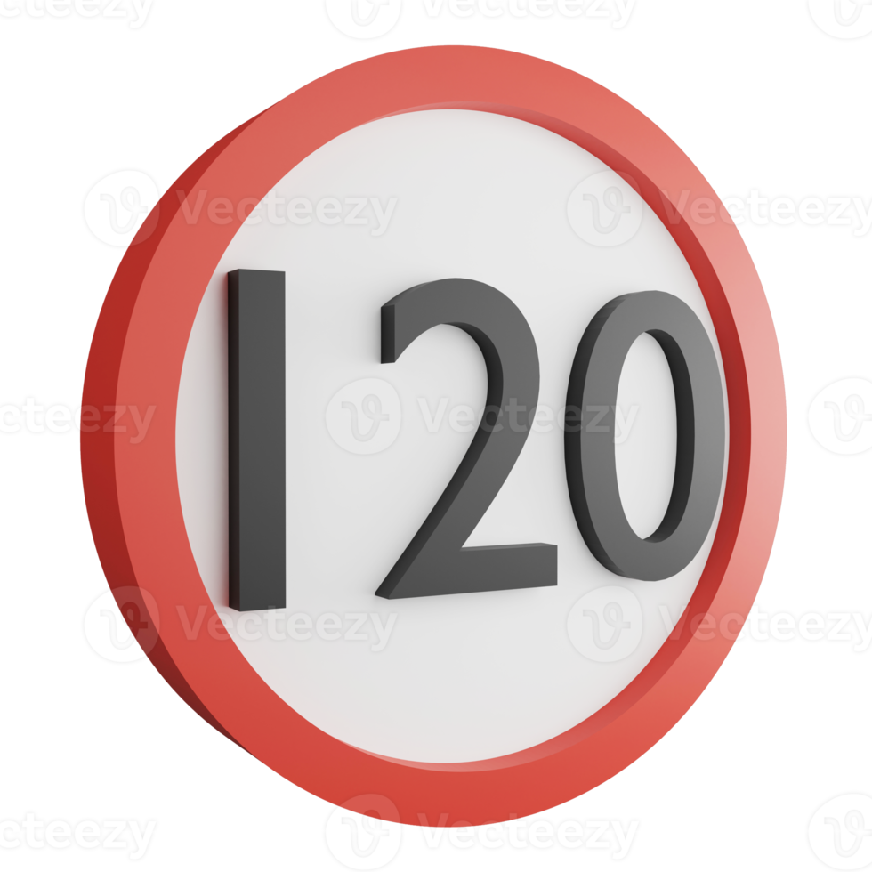 3D render 120 maximum speed limit sign icon isolated on transparent background, red mandatory sign png