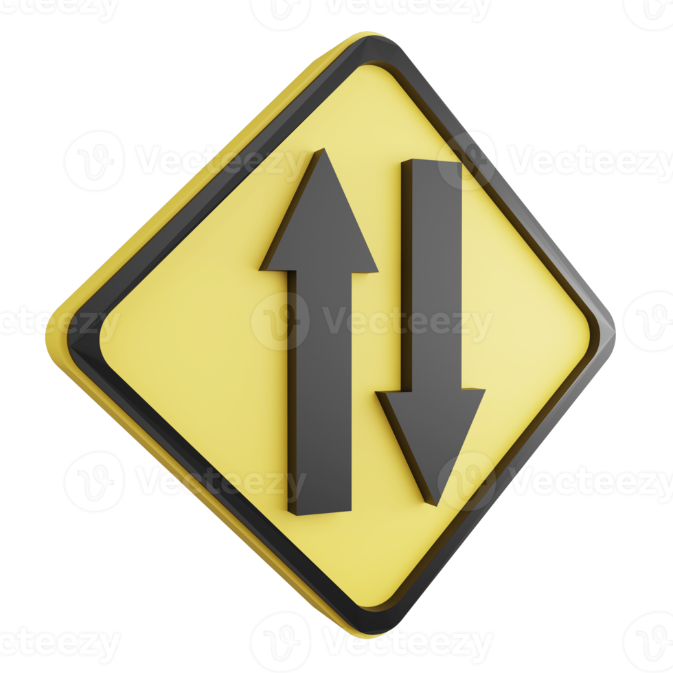 3D render two way traffic sign icon isolated on transparent background, yellow cautionary sign png