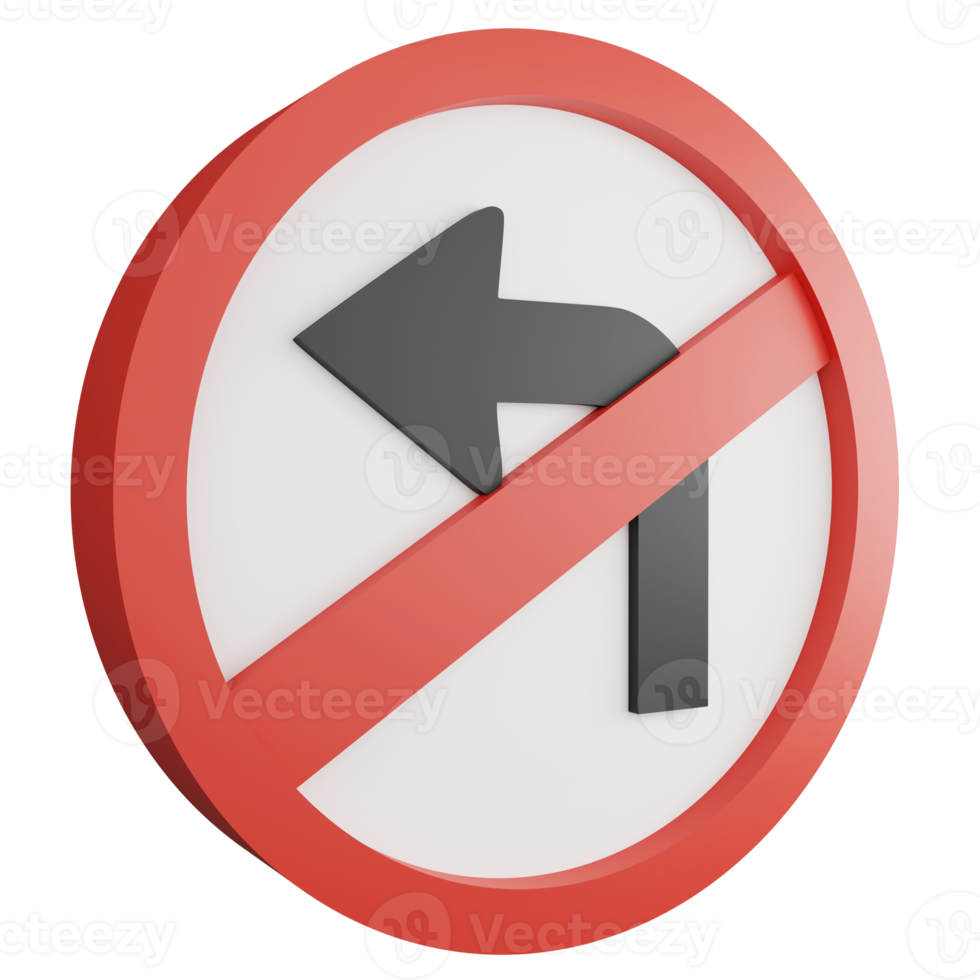 3D render no left turn sign icon isolated on transparent background, red mandatory sign png