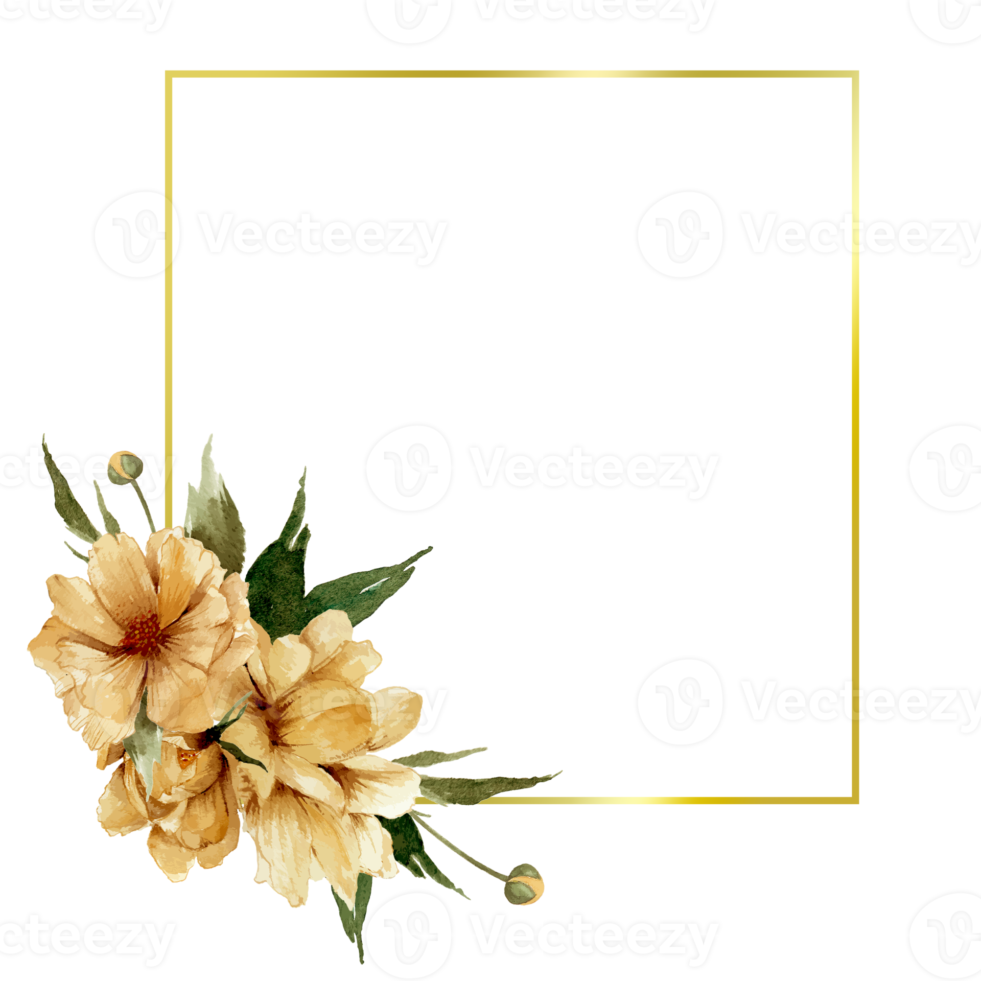 Free Watercolor flowers with golden frame illustration 20964536 PNG
