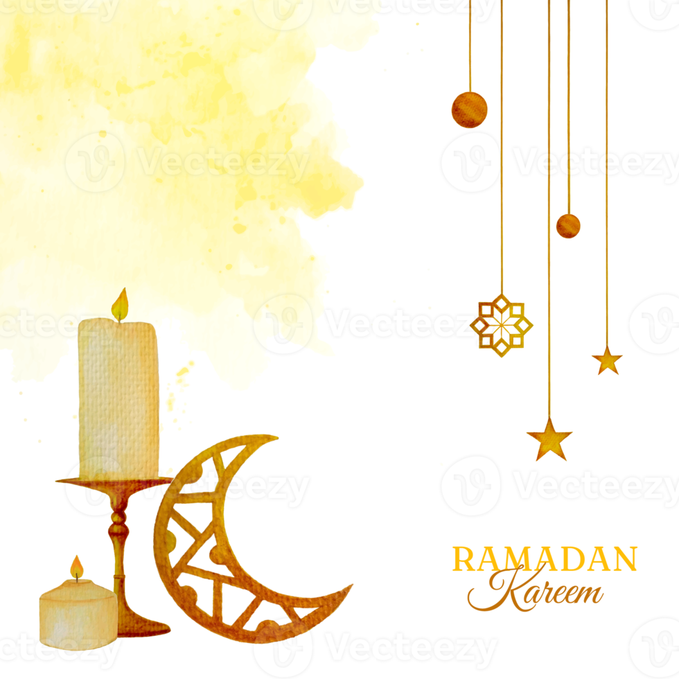 acuarela diseño para Ramadán kareem bandera con velas, colgando creciente luna, estrellas y islámico ornamento ilustración png