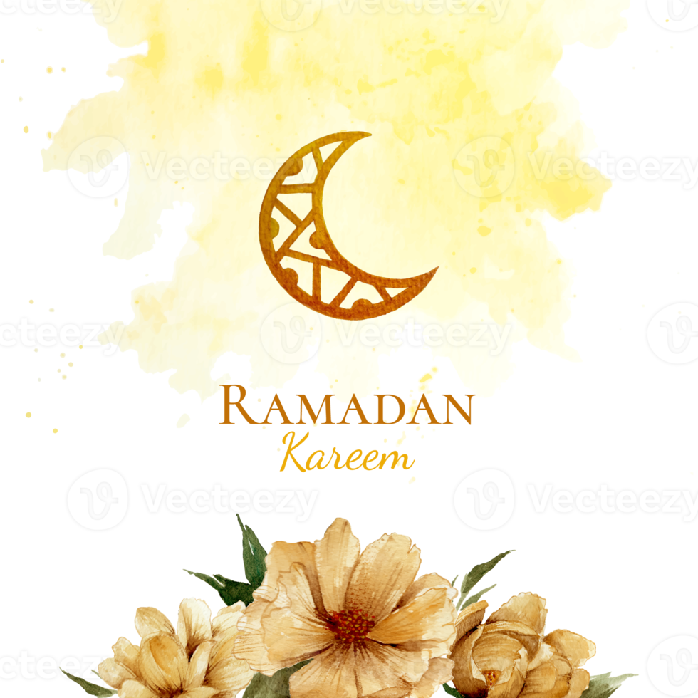 Golden crescent moon watercolor ornament for ramadan kareem greetings card with watercolor splash background and golden flowers illustration png