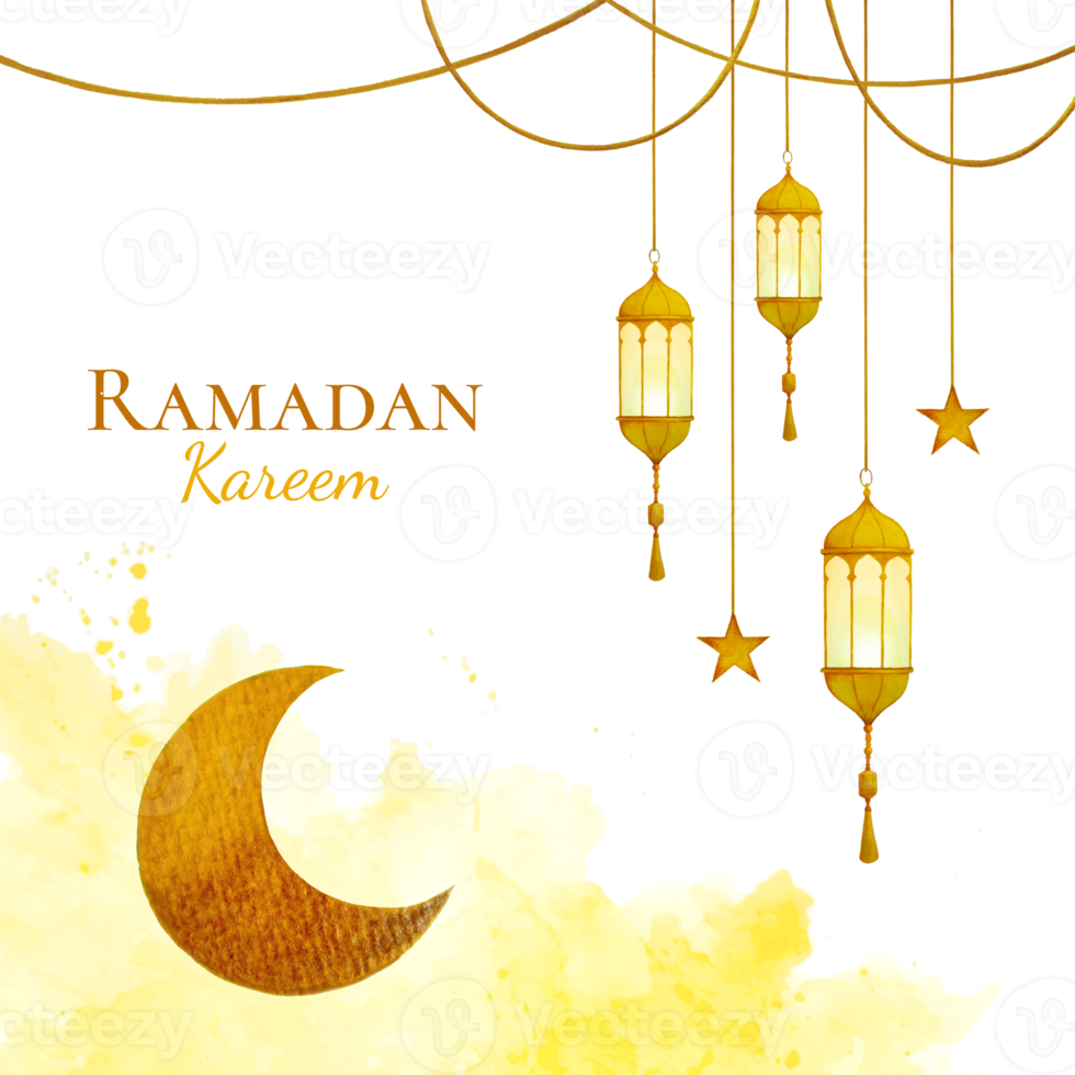 Watercolor ramadan kareem design for ramadan banner and greeting card with lanterns, hanging crescent moon and stars ornament illustration png