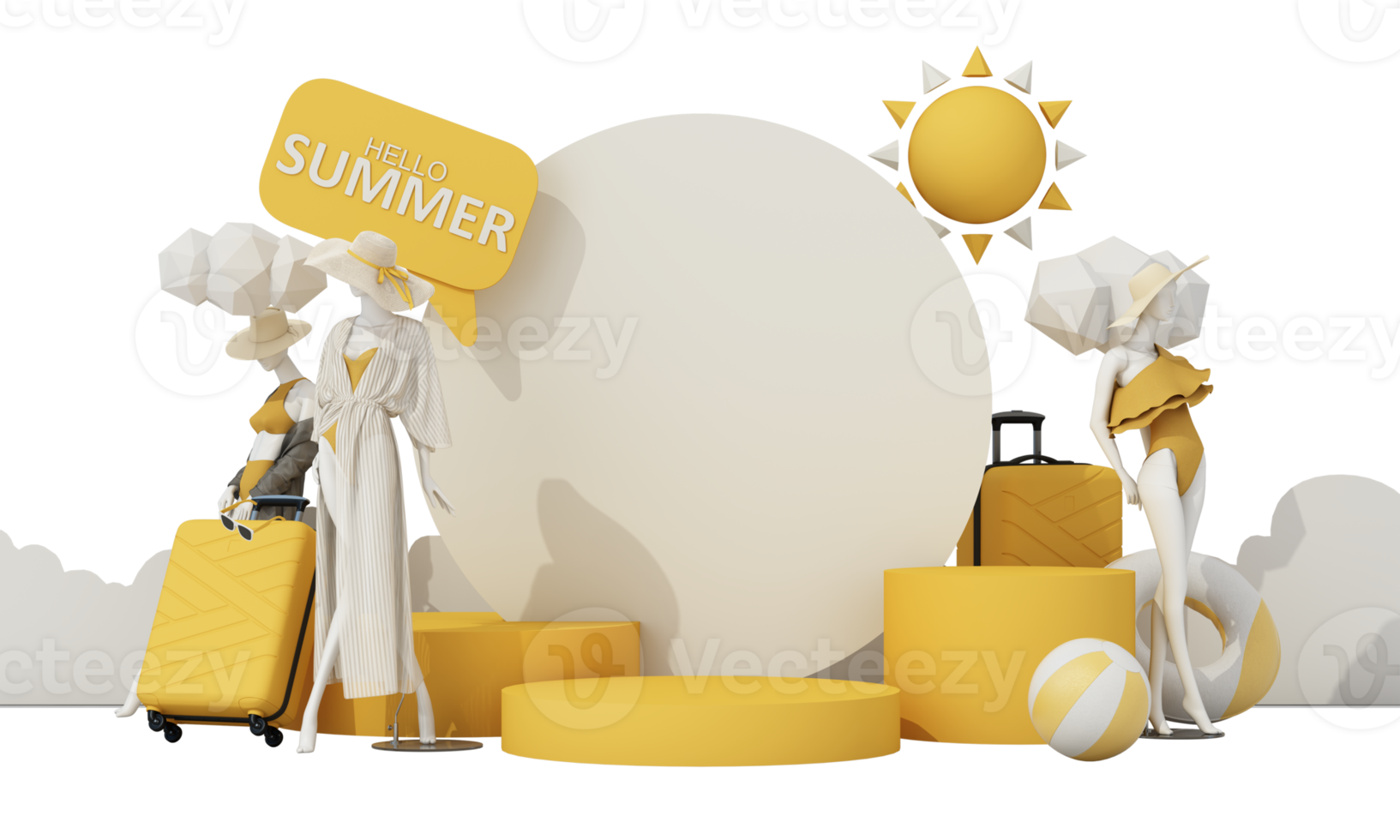 zomer vakantie concept met zonnebril en koffer met wolken in de achtergrond langs met paspoppen, mode kleren, badmode met kopiëren ruimte banier Product staan Scherm. 3d renderen png