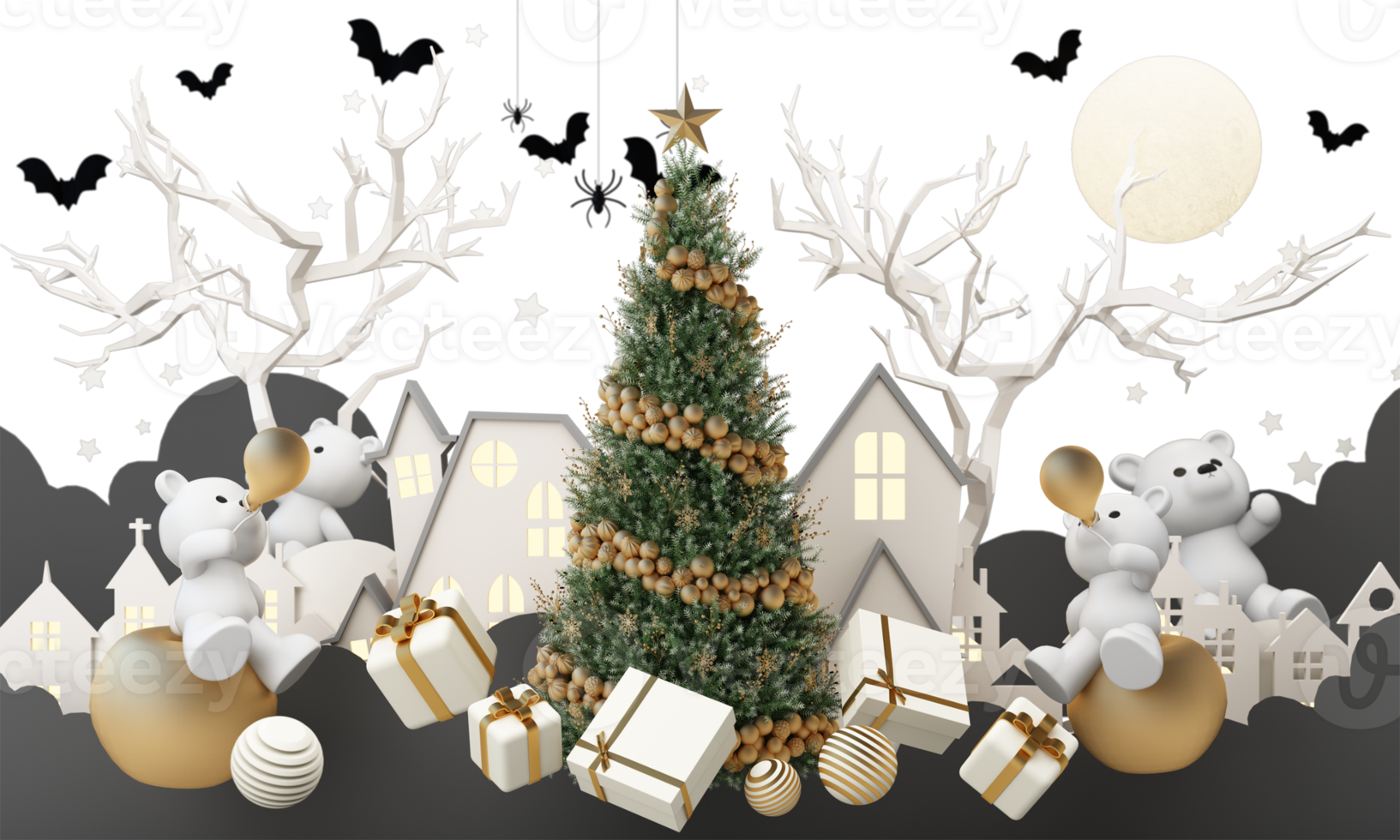 happy new year and merry Christmas winter old town street. Full moon and surrounded by clouds christmas tree and a golden gift box with polar bear. Bright Winter holiday composition. 3d rendering png