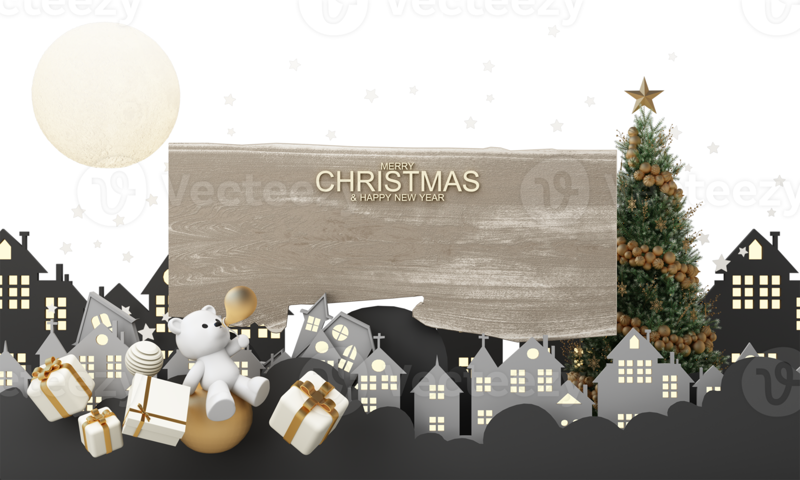 happy new year and merry Christmas winter old town street. Full moon and surrounded by clouds christmas tree and a golden gift box with polar bear. Bright Winter holiday composition. 3d rendering png