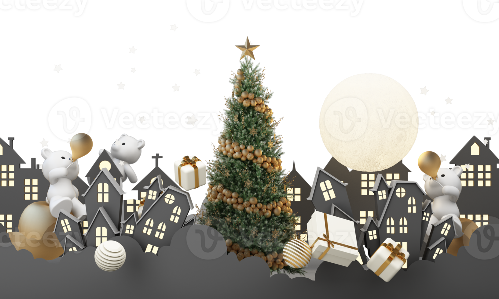happy new year and merry Christmas winter old town street. Full moon and surrounded by clouds christmas tree and a golden gift box with polar bear. Bright Winter holiday composition. 3d rendering png