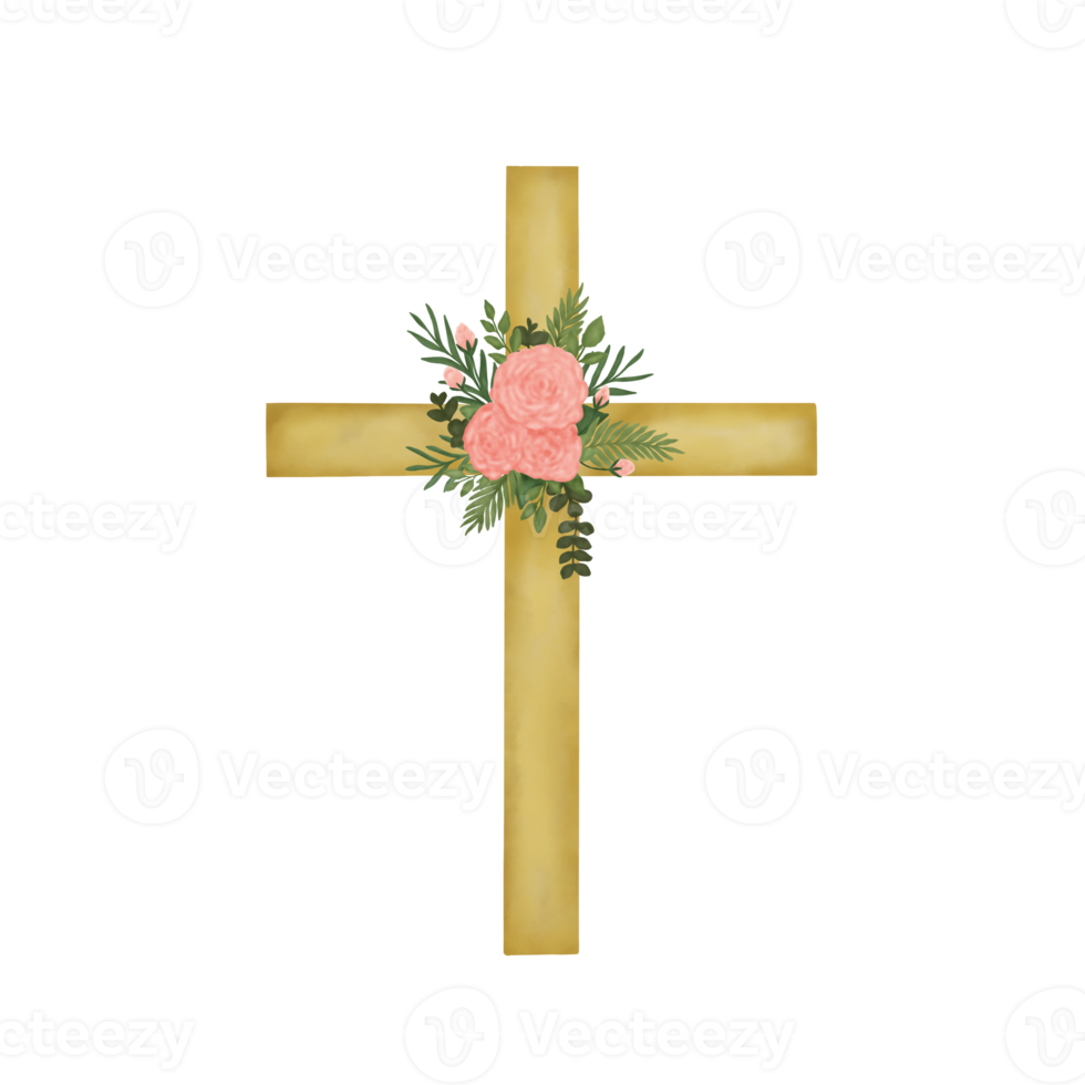 Watercolor Easter Cross with flowers png