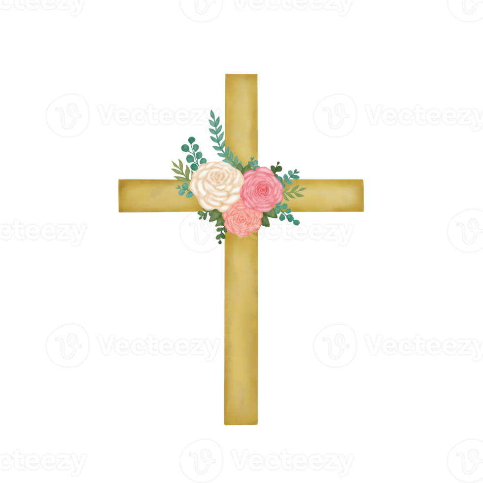 Watercolor Easter Cross with flowers png