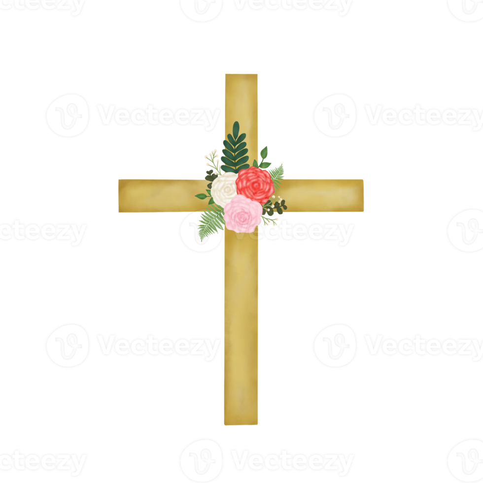 Watercolor Easter Cross With Flowers png