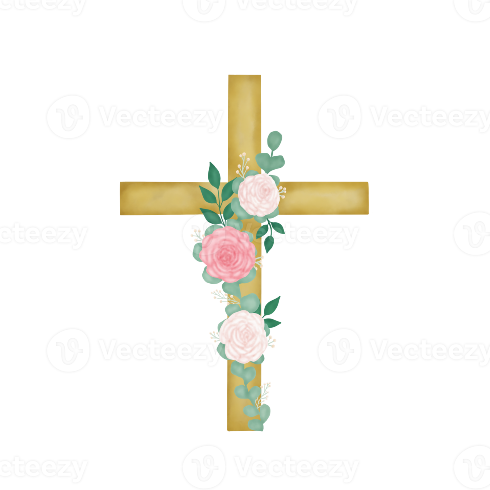 Watercolor Easter Cross With Flowers png