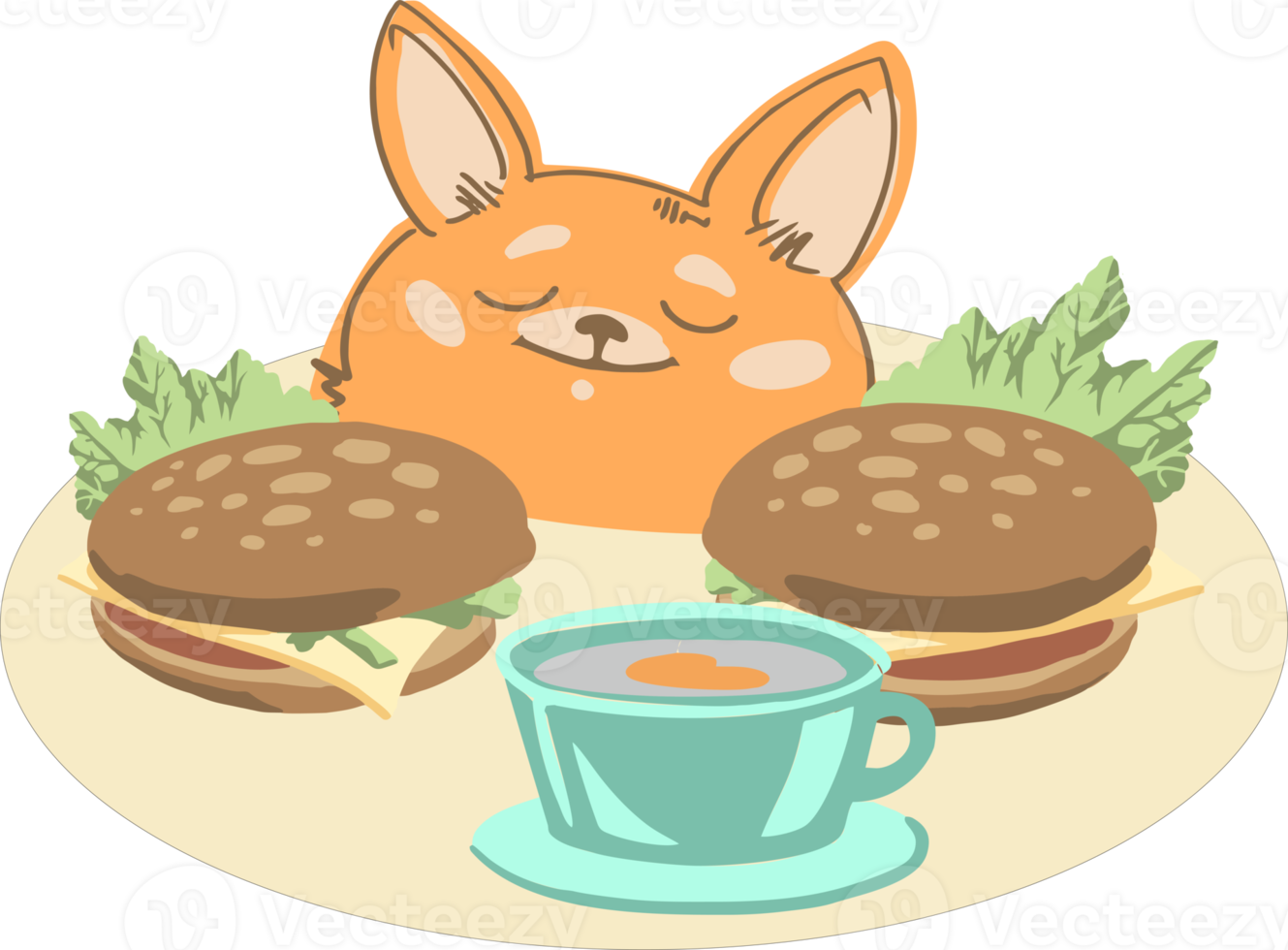 ilustração do uma fofa Raposa comendo uma hamburguer e uma copo do chá png