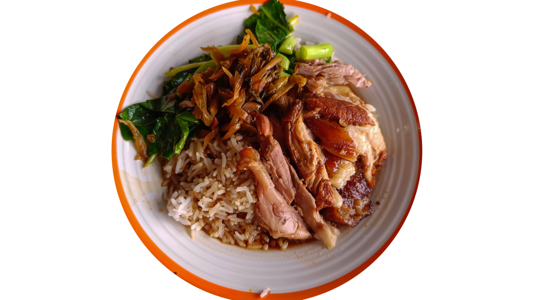 tailandés comida estofado Cerdo pierna en arroz en blanco mesa parte superior ver en un transparente antecedentes png
