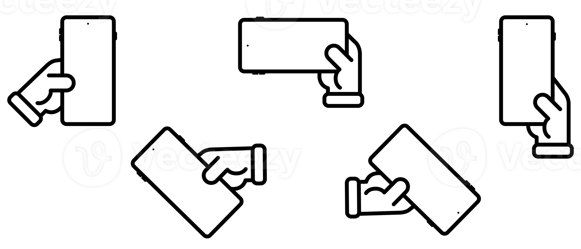 Icon set of a hand holding a cell phone with blank screen in various positions png