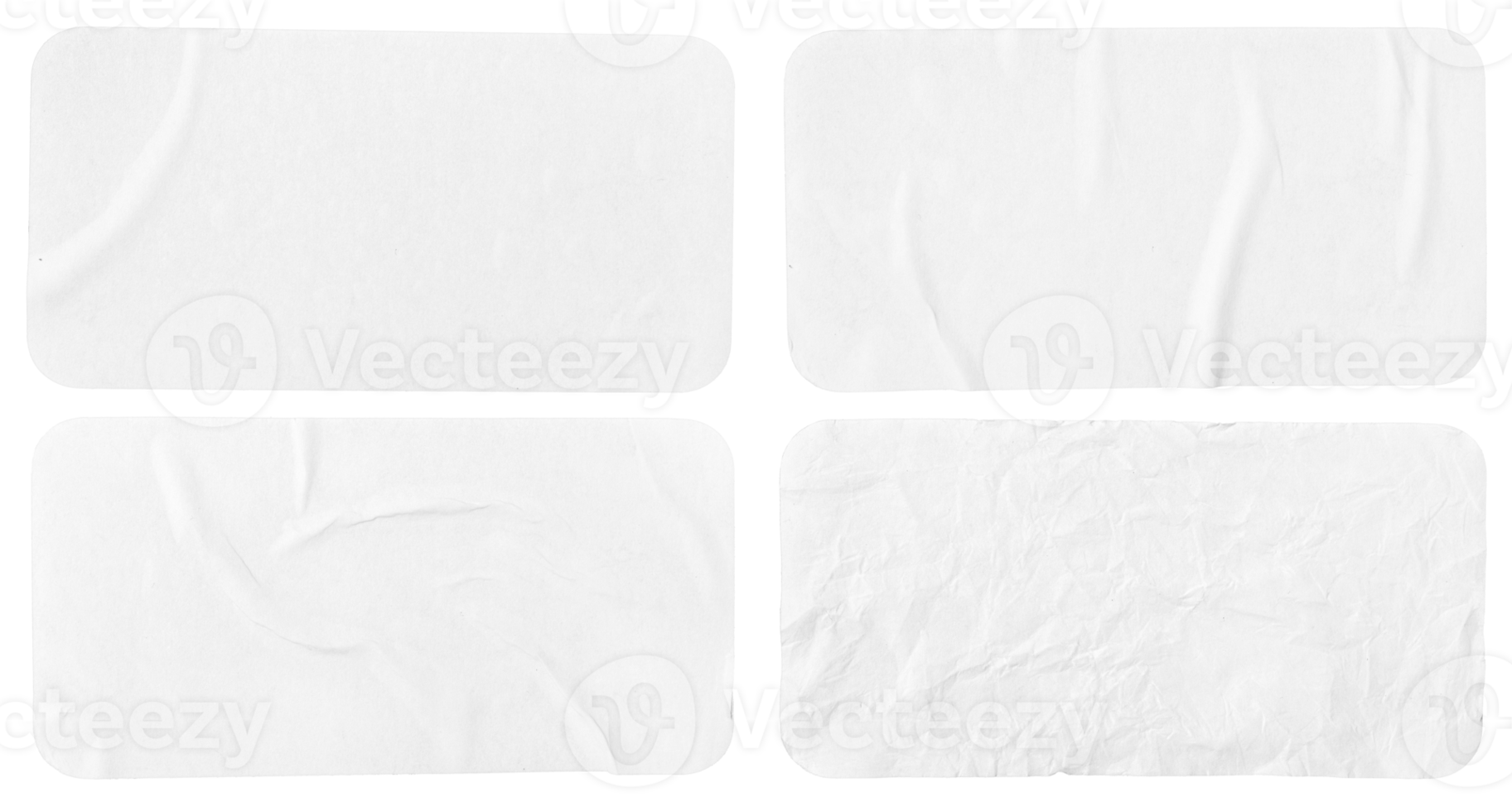 Set of four crumpled paper sheets, each of which is isolated. Rectangle shape has rounded edges. Template mockup png