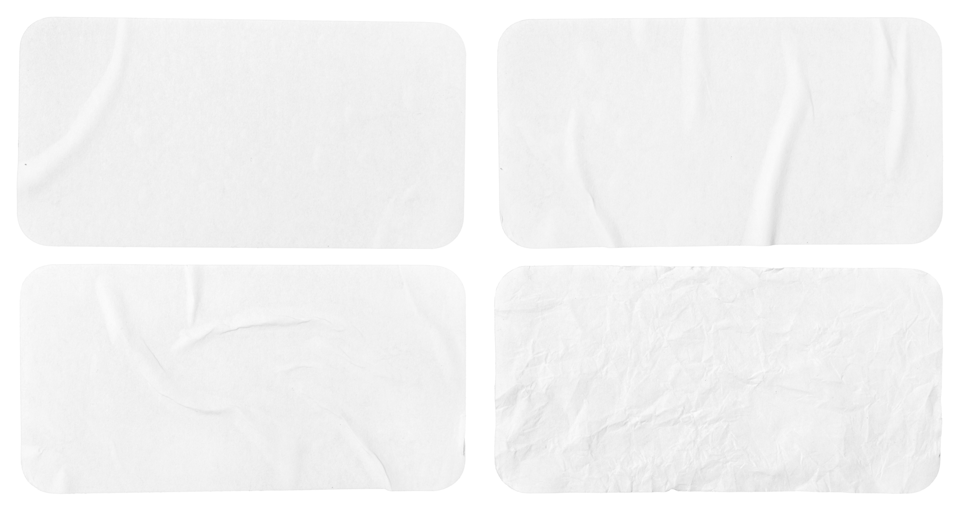 Set of four crumpled paper sheets, each of which is isolated. Rectangle
