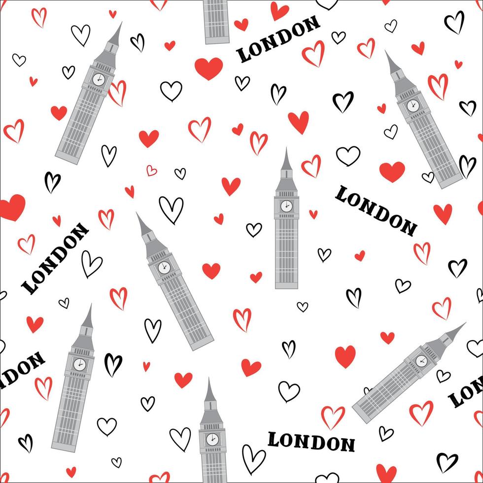 Travel London city seamless pattern with love hearts and Big Ben Tower. British landmark wallpaper.  European England vacation background vector