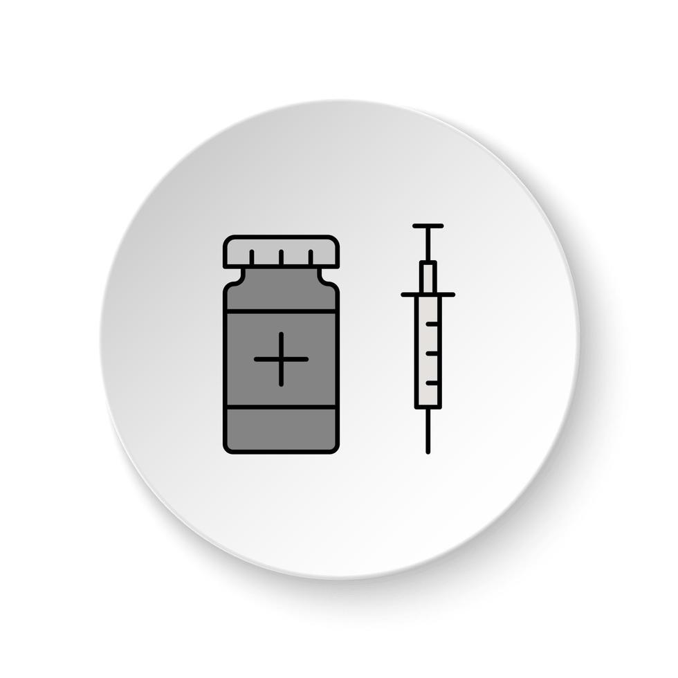 redondo botón para web icono, enfermedades, jeringuilla, medicamento. botón bandera redondo, Insignia interfaz para solicitud ilustración en blanco antecedentes vector