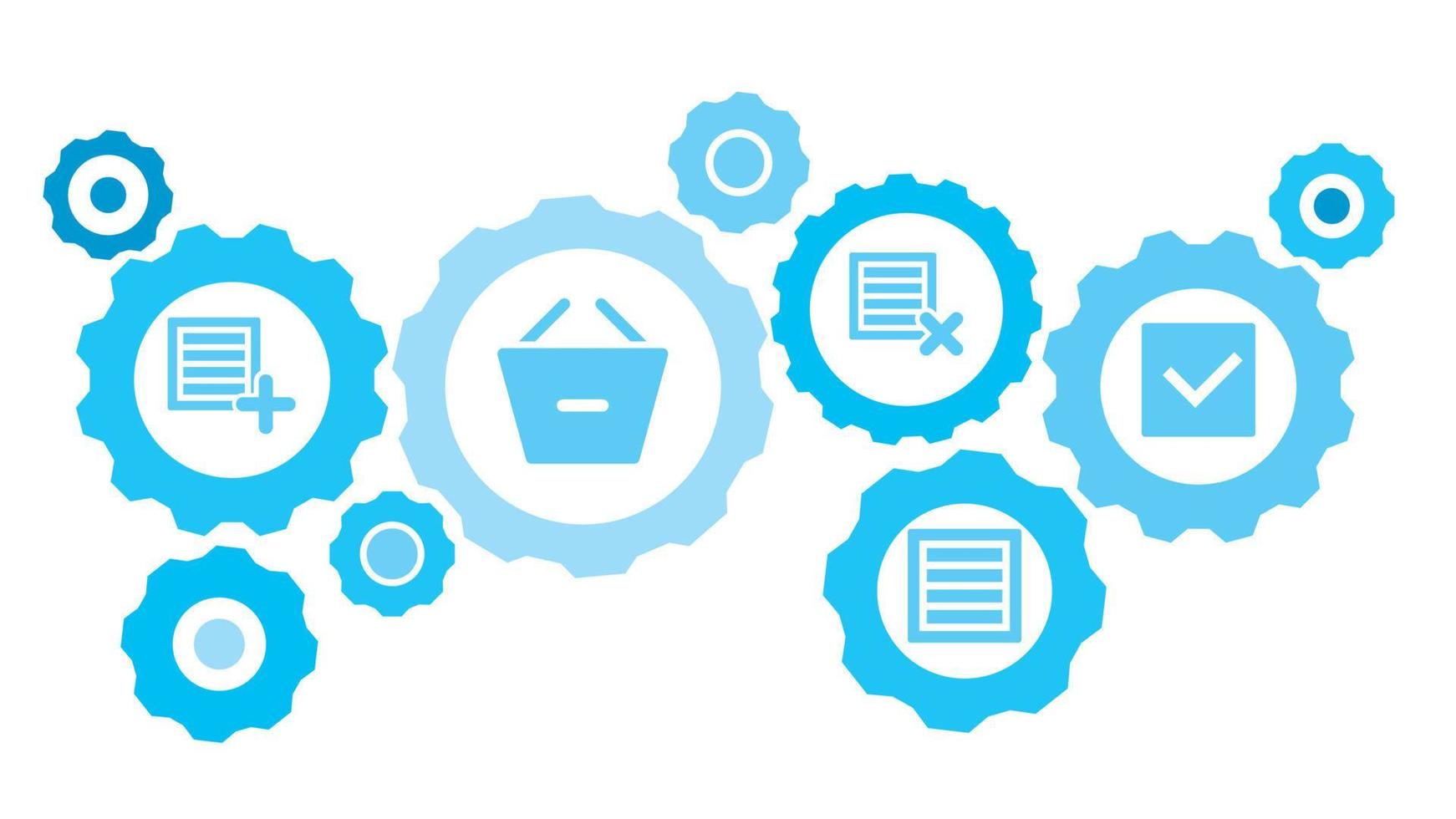 Connected gears and vector icons for logistic, service, shipping, distribution, transport, market, communicate concepts. Box, delivered gear blue icon set on white background